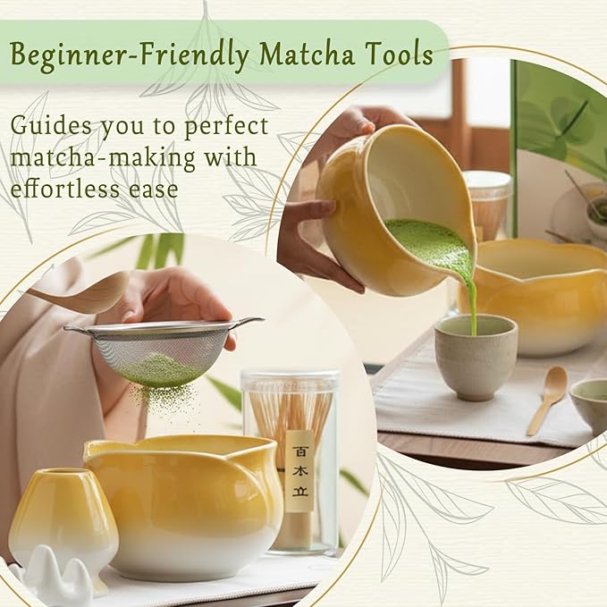 8 Pcs Matcha Whisk Set Chasen Matcha Whisk Bamboo Bowl with Spout Sifter Spoon Scoop Whisk Holder Bamboo Mat Complete Matcha Making Kit (Yellow Petal)