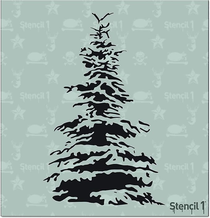 Stencil1 Snowy Pine Christmas Tree Stencil – Reusable Winter Template for DIY Crafts, Holiday Decor, Painting on Wood, Fabric, Cards & More - 5.75" x 6"