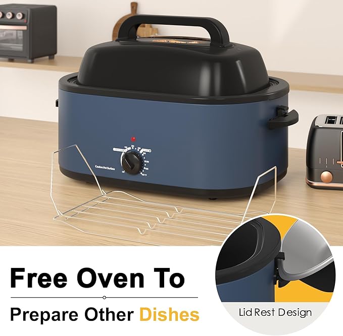 RoyalCraft 26-Quart Electric Roaster Oven with Visible Self-Basting Lid, Turkey Roaster Oven with Removable Pan and Rack, Perfect for Large Meals and Holiday Feasts, Blue