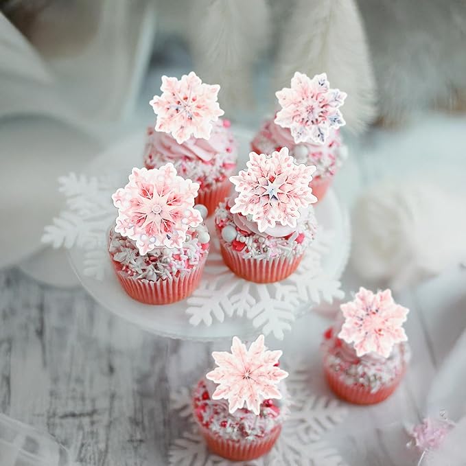 Gyufise 60Pcs Edible Snowflake Cupcake Toppers Winter Cupcake Picks Water Paper Winter Frozen Cake Decorations for Snowflake Theme Baby Shower Kids Birthday Party Supplies Multi Pink