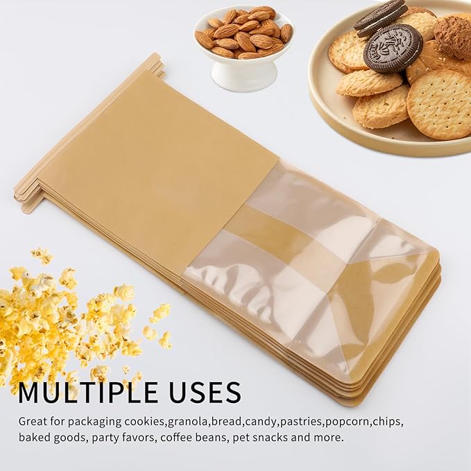 50Pcs Bakery Bags with Window, 5.1 x 3.9 x 11 Inches Kraft Paper Cookie Bags, Resealable Tin Tie Tab Lock Bags for Packaging, Bread Storage Bags, Coffee Bean Bags, Candy Bags
