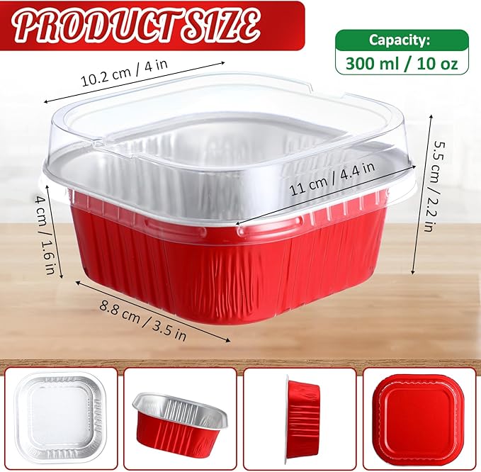 Aoriher 150 Pieces 10 oz Mini Cake Pans with Lids Aluminum Foil Baking Cups Square Disposable 4" x 4" Large Cupcake Cups Baking Tins for Kitchen Brownie Pudding Desserts Holders(Red,Christmas Green)