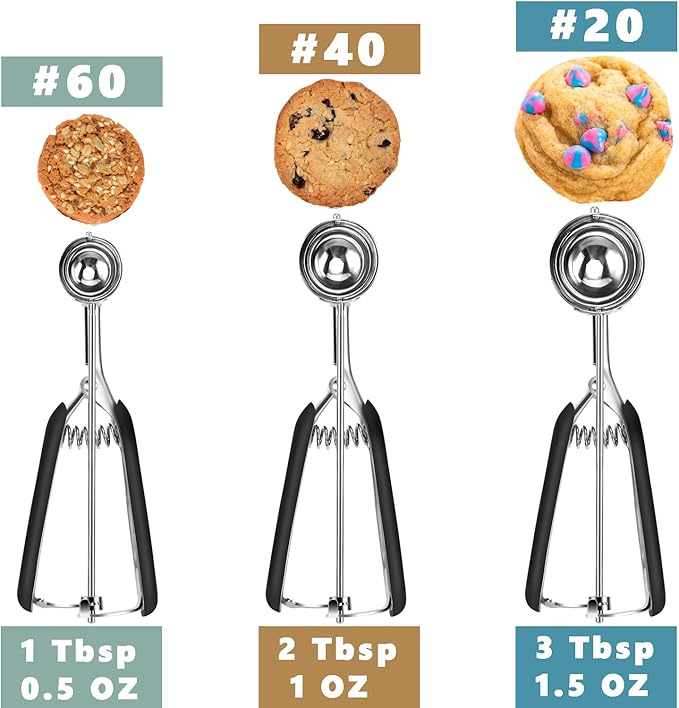 Cookie Scoop Set, Include 1 Tbsp/2 Tbsp/3 Tbsp, Cookie Scoops for Baking Set of 3, 18/8 Stainless Steel, Good Grip, Non-Slip, For Cookies Cupcake Muffin Ice Cream waffle
