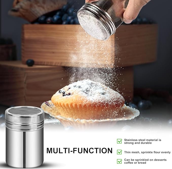 Flour Sifter Stainless Steel,3 Cup Flour Sifters for Baking,3 in1 Sifter for Baking with Powdered Sugar Shaker Duster, Flour Shaker Duster for Baking Cakes, Pastries, Pies, Cupcakes and Desserts