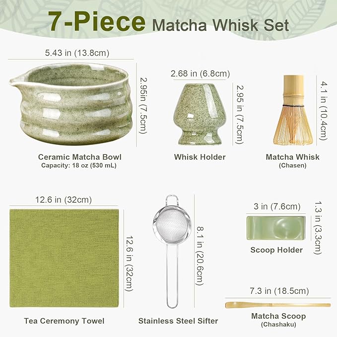 Matcha Whisk Set, 7Pcs Matcha Set - Matcha Bowl with Spout, Handcrafted Bamboo Whisk & Ceramic Holder, Steel Sifter, Towel, Matcha Kit for Tea Ceremony, Timeless Ideal Gift (Speckled green)