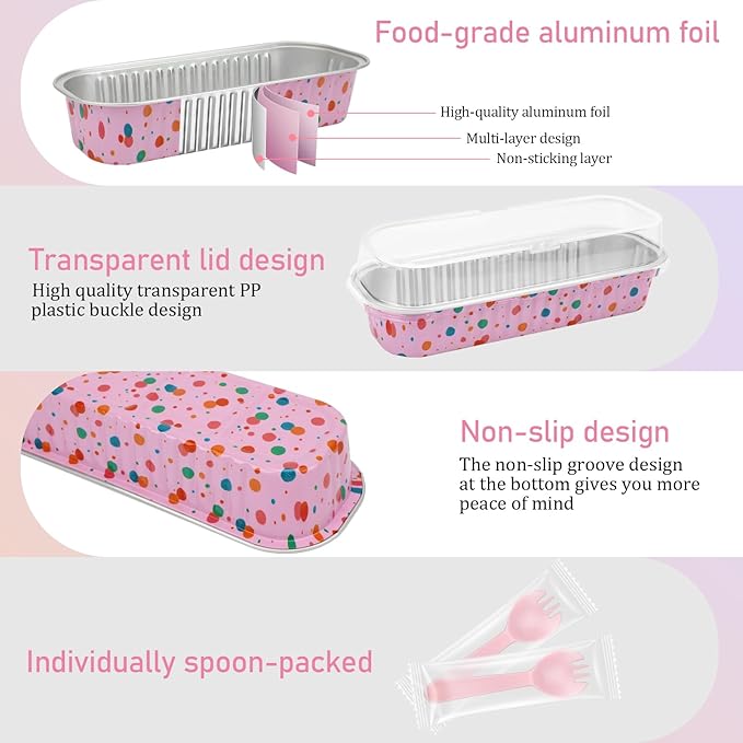 OcePor 50 Pack Mini Loaf Pans With Lids，Mini Cake Pans With Lids and Spoons，6.8oz Bread Loaf Pans Disposable，Small Aluminum Cake Tins,Baking Pans Individual (Colorful Polka Dot Powder)