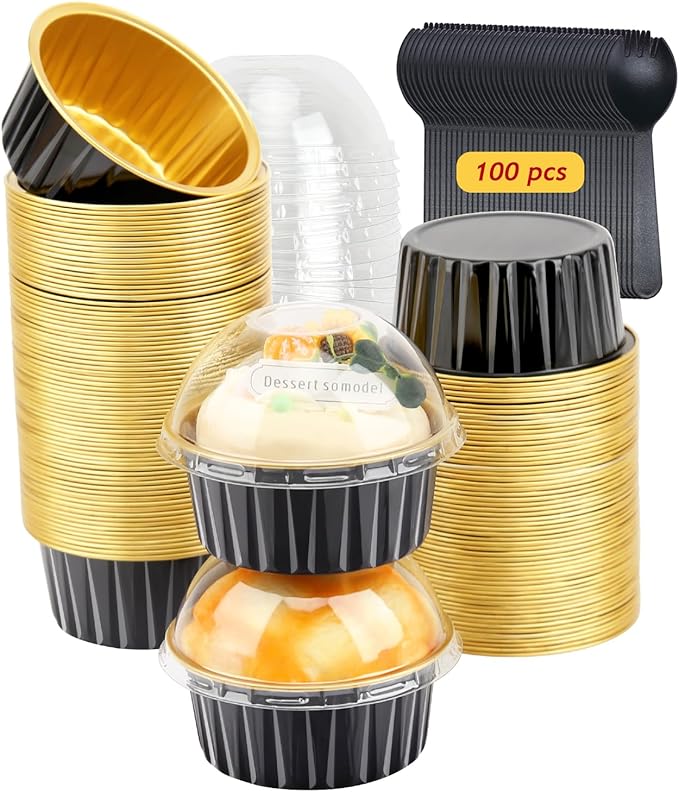 LNYZQUS 5oz Mini Cake Baking Pans with Lids 100 Pack, Disposable Aluminum Cupcake Pan Small Muffin Tins,Mini Foil Baking Cups Containers for Custard Creme Brulee-Black