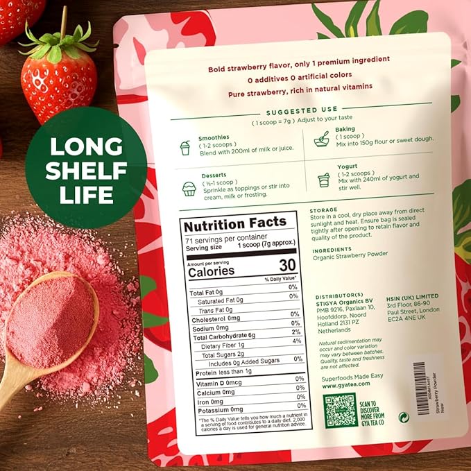Gya Tea Co Organic Freeze Dried Strawberry Powder 1.1 lb (17.64 oz) - No Sugar Added, Non GMO, Gluten Free - Great Flavor for Milk, Baking, Drinks, Smoothies & Cakes, Vegan Friendly
