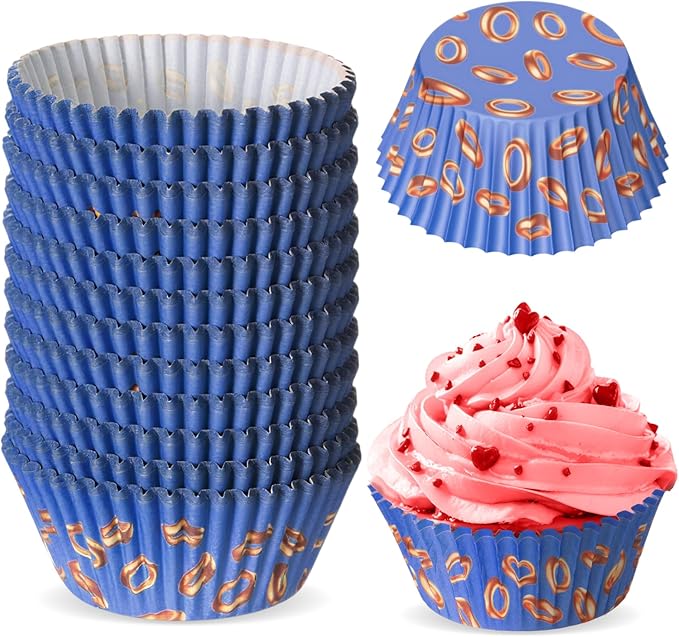 300 Pcs Cupcake Paper Liners Blue Gold Ring Baking Cups Muffin Cupcake Wrappers Blue Hedgehog Party Decorations for Cakes Baking Ice Cream Dessert Cheese Wedding Birthday Party Supplies