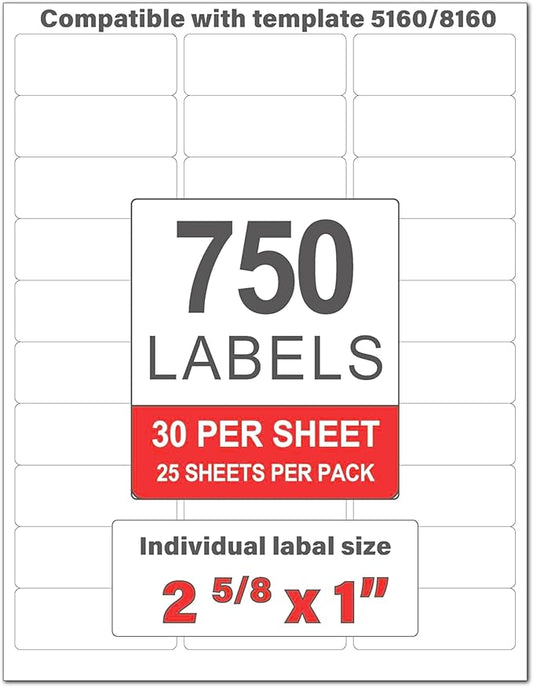 Perfect Peel Printable Address Labels, 1" x 2-5/8" Customizable Stickers, White, 750 Blank Mailing Labels, Great for Mailing, Shipping, and More (Compatible with 8160)