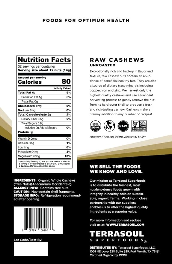 Terrasoul Superfoods Organic Raw Cashews, 16 Oz, Premium Quality for Snacking, Baking, and Culinary Creations