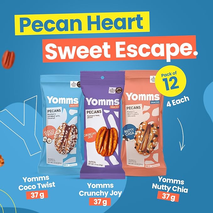 Yomms Pecan Snack Halves Variety Pack – Low Sugar Healthy Dessert | 3 Flavors - Coco Twist, Nutty Chia, Crunchy Joy | Coconut & Crunchy Pecan Snack | Honey Roasted Mixed Nuts – 1.3oz Each | 4 Packs of Each Flavor | 12 Total