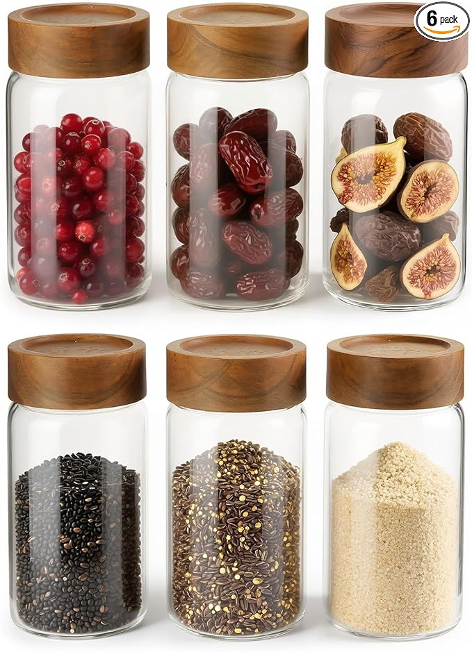 6-Pack 10 oz Airtight Food-Grade Glass Mason Jars with Acacia Wood Lids - Sealable, Waterproof & Stackable Canister Set for Overnight Oats, Dry Goods, Baking Supplies & Pantry Organization