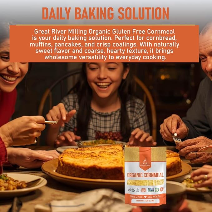 Great River Milling Organic Medium Grind Cornmeal | USDA Organic, Gluten Free, Non-GMO, Kosher | Hearty Texture for Cornbread, Polenta, Muffins, Pancakes & Baking | 5 Lb