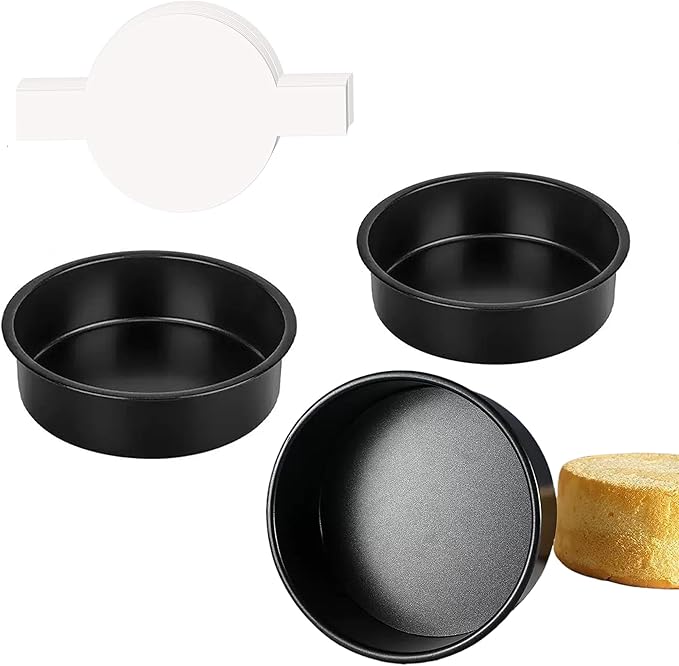 8" Round Nonstick Cake Pan Set, 3 Piece Carbon Steel Solid Bottom Baking Molds, Oven Safe - Contains 50 Sheets of Oil Paper, Essential for Home Baking with Non-Stick Coating (Black)