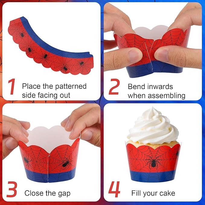 36pcs Spider Cupcake Wrappers, Spider Web Theme Cupcake Liners Paper Cups for Baking Muffin Cakes Ice Cream Dessert Decor Birthday Wedding Supplies (Red, Blue)