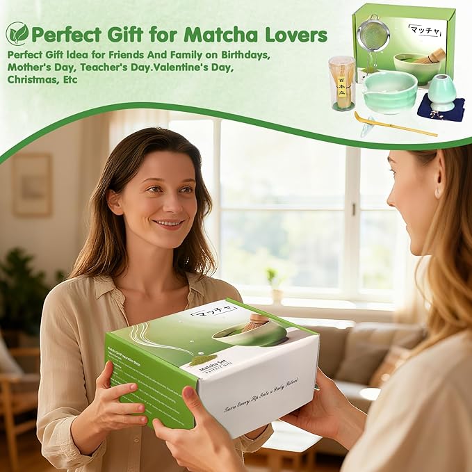 Matcha Whisk Set, 7 Pcs Ceramic Matcha Whisk Kit, Bowl with Spout, Holder, Stainless Sifter, Bamboo Scoop and Tea Towel, Gift Set for Tea Lovers