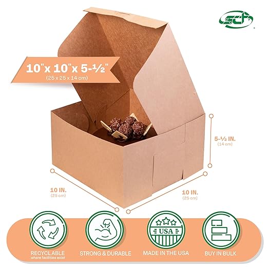 SCT Kraft One-Piece Non-Window Bakery Boxes, 10 x 10 x 5.5, Brown, Paper, 100/Carton