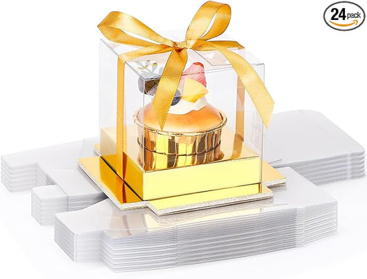 EUSOAR Individual Cupcake Wrappers, 24pcs 3.5 Inch Plastic Gold Cupcake Carrier with Ribbon and Inserts, Single Transparent Cupcake Holder Cake Containers with Lids for Wedding Birthday Party Favor