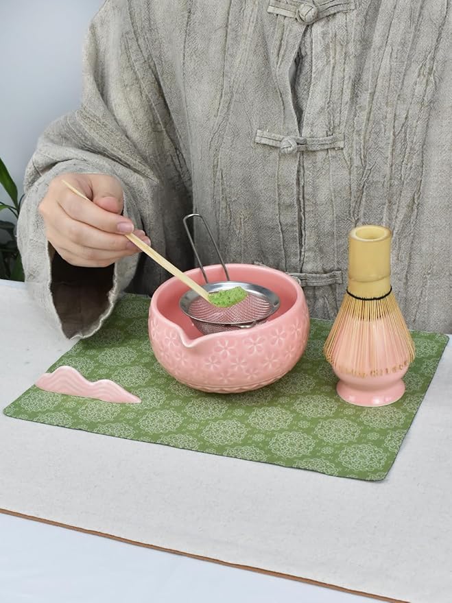 Artcome Matcha Tea Set – Pink Sakura Embossed Ceramic Bowl 17oz with Bamboo Whisk, Whisk Holder, Strainer, Scoop, Tea Spoon, Cloth – Complete Japanese Matcha Kit for Tea Ceremony & Gift