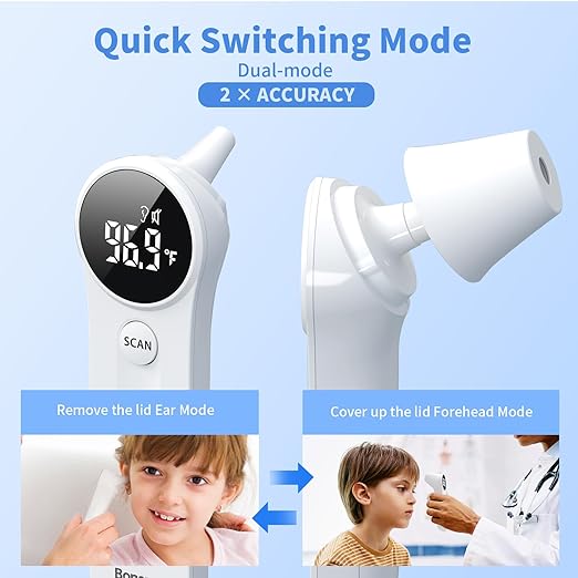 Boncare Ear and Forehead Thermometer, 2X Accuracy Infrared Digital Thermometer for Adults and Kids, 1 Second Reading, No Touch Baby with Fever Alarm