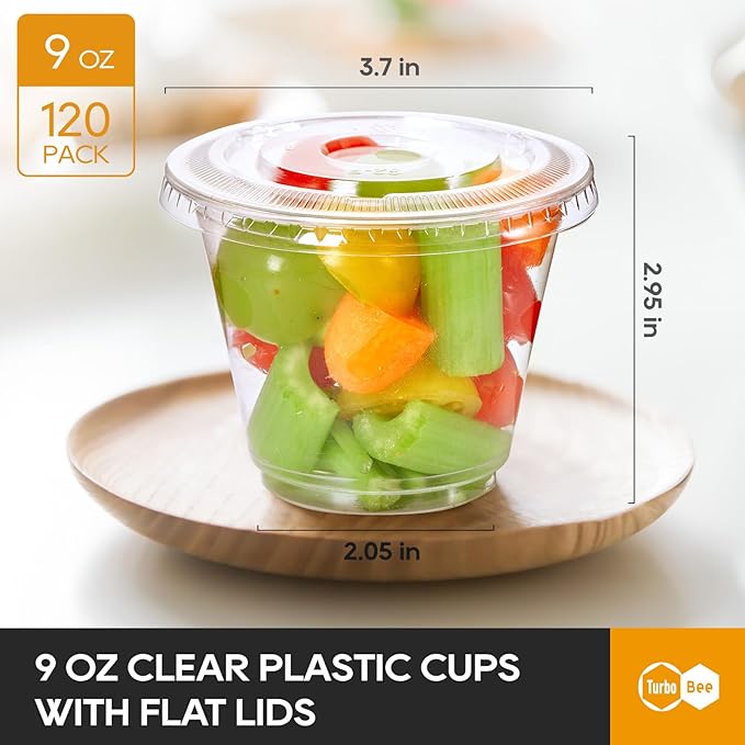 Turbo Bee 120 Pack 9 OZ Clear Plastic Cups with Flat Lids, Disposable Dessert Cups with Lids for Fruit, Snack Smoothie, Pudding and Ice Cream (No Hole)