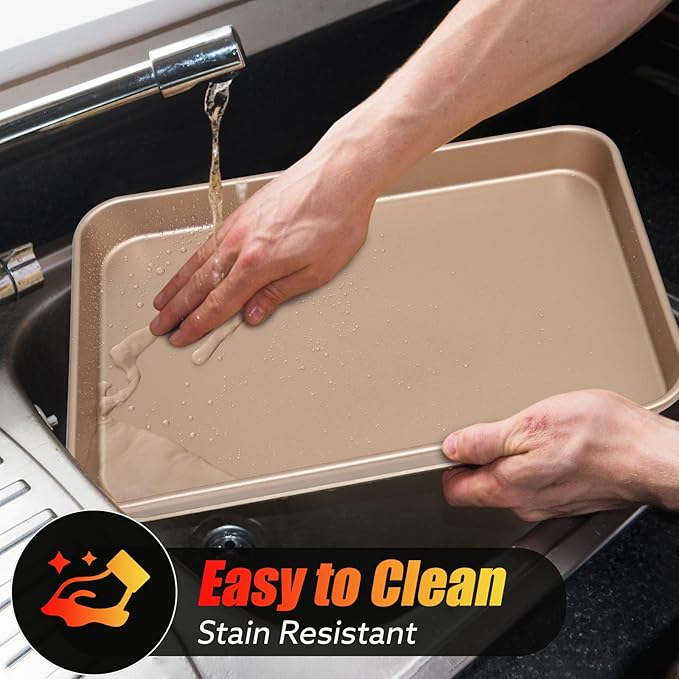 2 Pack 14 X 10 Inches Quality Baking Sheet Pan, Slick Carbon Steel Baking Sheet Set, Warp Resistant Nonstick Cookie Baker's Half Sheets for Baking, Roasting, Gold