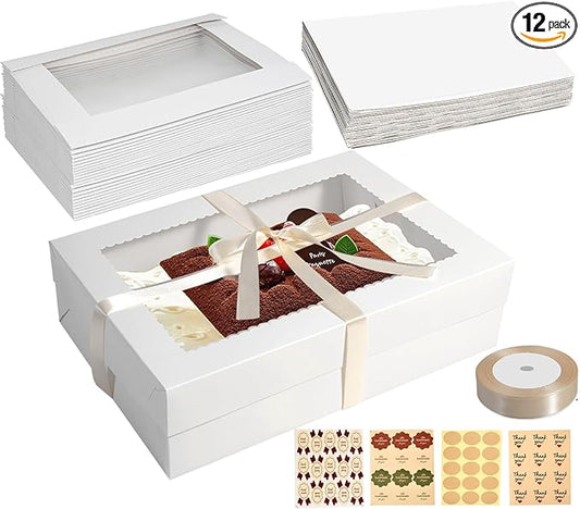 Aufind 12pcs Cake Boxes with Cake Board, 14x10x4 Inches White Bakery Boxes with Large Window for Quarter Sheet Cakes, Donuts, Cupcakes, Pastry & Pies
