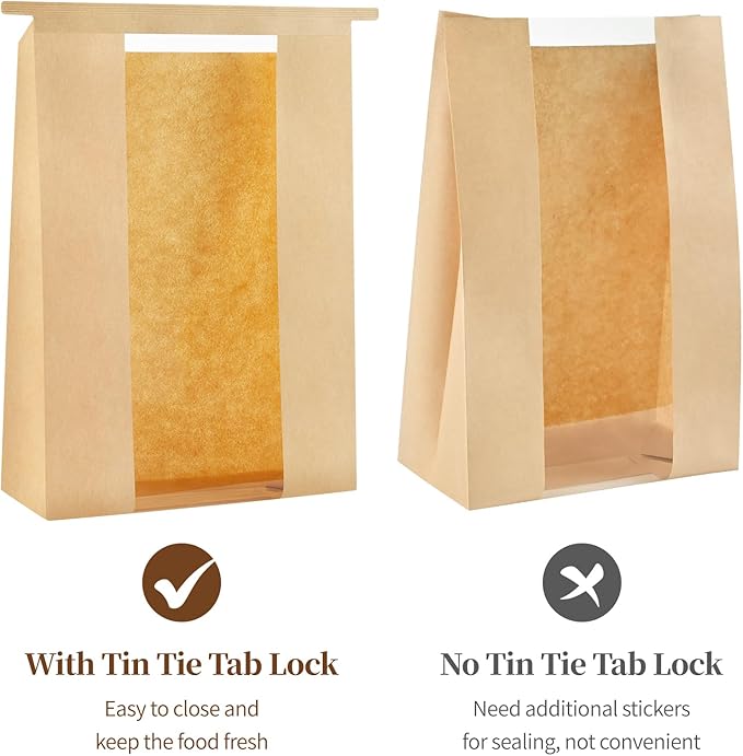 50 PCS Large Paper Bread Bags for Sourdough Bread, 13.7 x 8.2 x 3.5 Inches Bakery Bags with Window, Homemade Bread Loaf Bags with Tin Tie Tab Lock