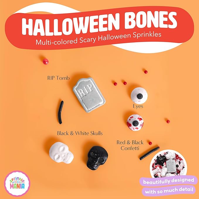 Spooky Halloween Sprinkles for Cake Decorating - Our Spooky Sprinkle Mix includes Eyeball, Bone, Tombstone & Skeleton Jimmies - Halloween Toppings for Cupcakes, Cookies & Drinks (Graveyard, 3.5oz)