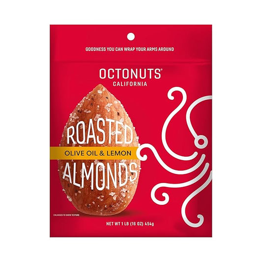 Octonuts Dry Roasted Olive Oil & Lemon Almonds (16oz) Healthy Snack for Adults and Kids - Plant Protein with Fiber, Calcium, and Iron - Low Carb, Low Calorie - Non-GMO and Gluten-Free