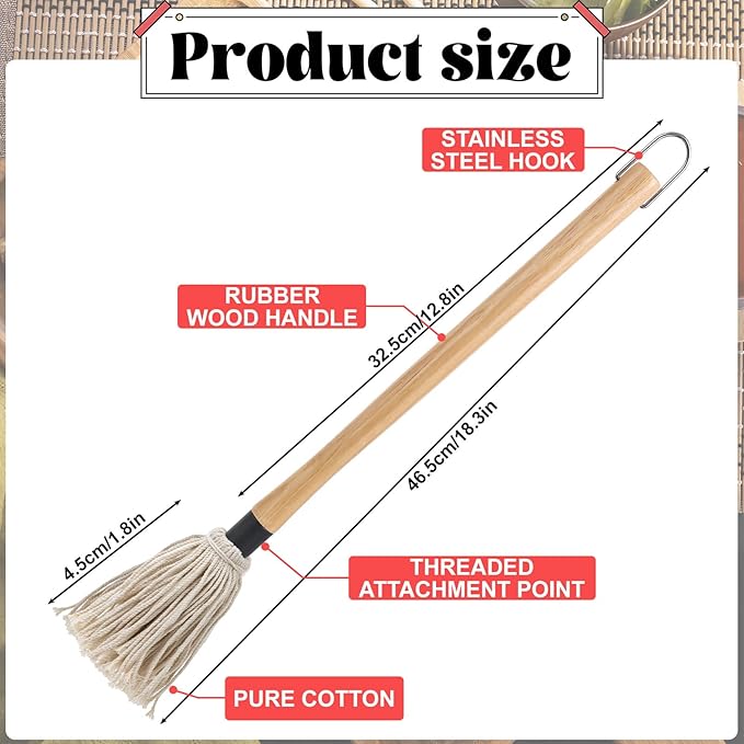 18“ BBQ Mop Brush Set - 4Pcs Grilling Basting Mop with 12Pcs Replacement Heads - Wooden Long Handle BBQ Mop for Basting Steak Marinade Sauce