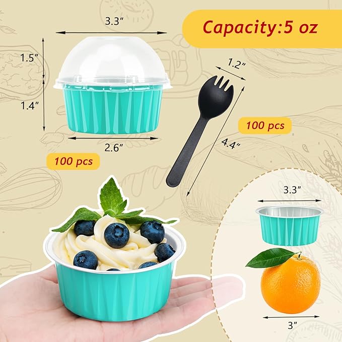 Cupcake Pans With Dome Lids 100 Pack,LNYZQUS 5oz Mini Aluminum Baking Cups Muffin Tin,Disposable Ramekins Cake Containers Holders -Cyan Blue (Round125)