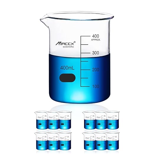 13.5oz(400ml) Sturdy Glass Beaker, 3.3 Borosilicate Griffin Low Form with Printed Graduation, Pack of 12, BKL400-012