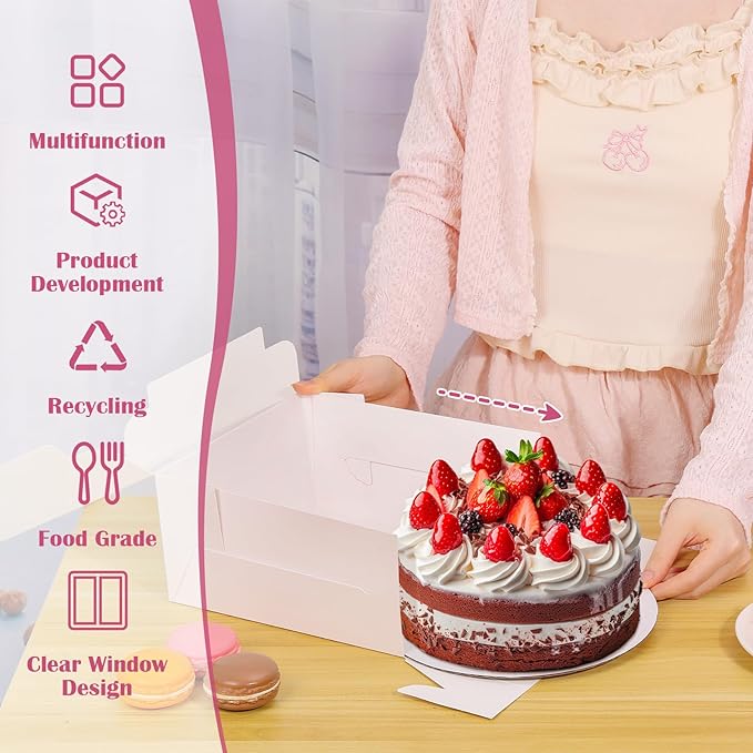26pcs 10x10x5 Inches White Bakery Boxes Cake Boxes, White Bread Boxes with Windows for Pastries, Cupcakes,Cookies, Pie, Muffins and Donuts, Cake Boards Included