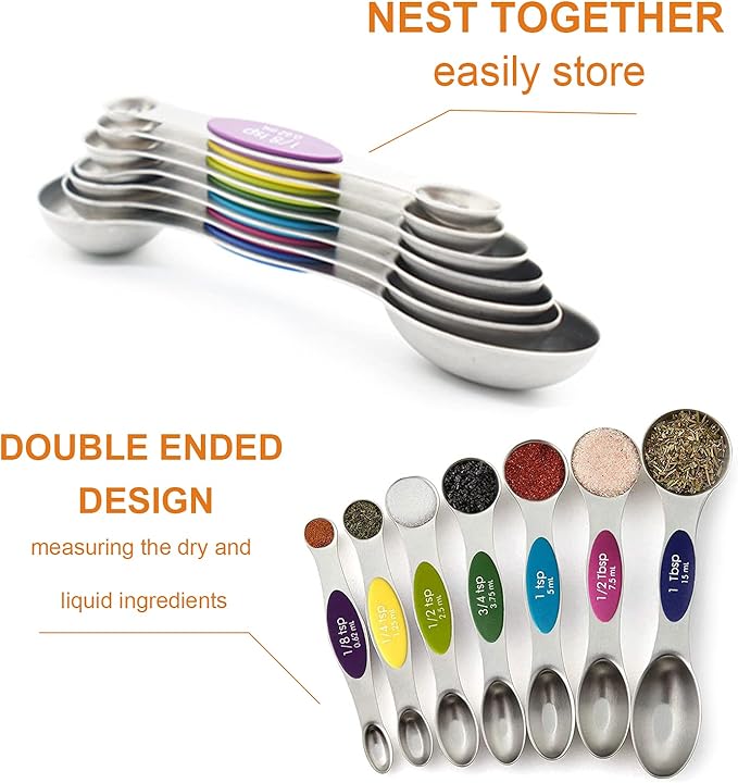 Magnetic Measuring Spoons Set - Stainless Steel Stackable Dual Sided Teaspoon Tablespoon for Measuring Dry and Liquid Ingredients, Measuring Spoons for Cooking & Baking, Fits in Spice Jars, Set of 8