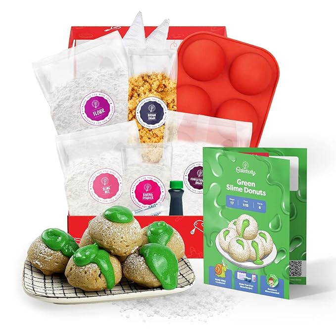Baketivity Green Donut Kids Baking Kit | Edible Kit for Girls & Boys Ages 6-12 | DIY Donut Slime Baking Kit and Kids Baking Set with Pre-Measured Ingredients & Donut Mold