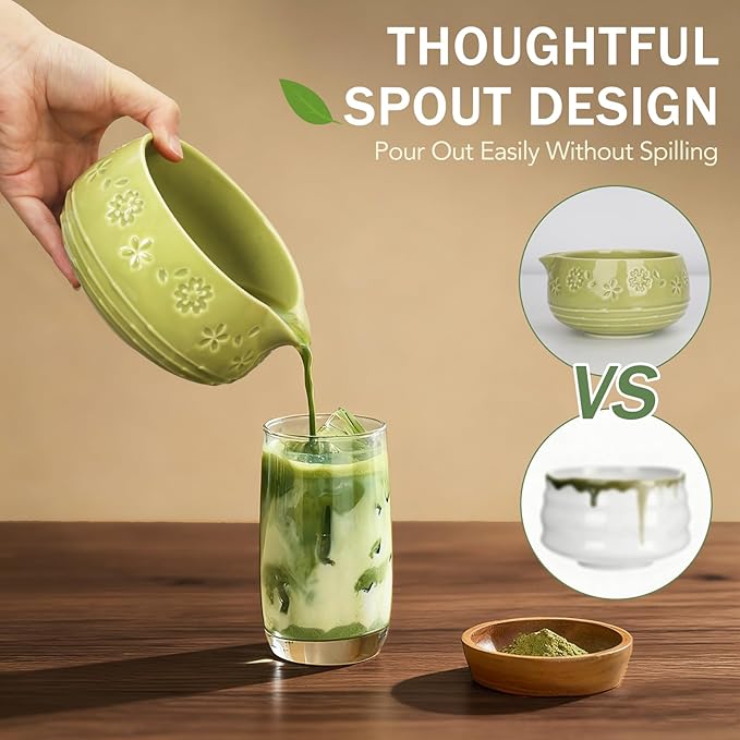Matcha Whisk Tea Set: Ceramic Bowl with Spout, Bamboo Matcha Whisk & Spoon, Chasen Holder, Scoop Rest, Sifter, 8-Pcs Japanese Matcha Powder Kit–Gift for Ceremony & Matcha Lovers-Matcha Green