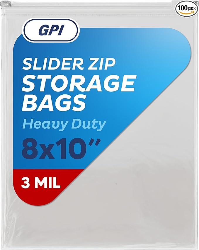 100 Count - Slider Zip Food Storage Bags, 8" x 10" (1/2 Gallon) 3 Mil Heavy Duty, Strong & Durable For Freezer Storage, For Sandwiches, Snacks & More. GPI