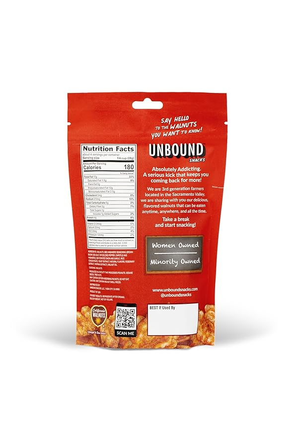 Unbound Snacks Flavored Nuts - BBQ Habanero Walnuts, 4 oz (Pack of 4) - Healthy Snacks, 4g Protein, 1g Sugar, High in Omega 3, Gluten Free, Vegan - Freshly Roasted & Seasoned Gourmet Walnut Halves