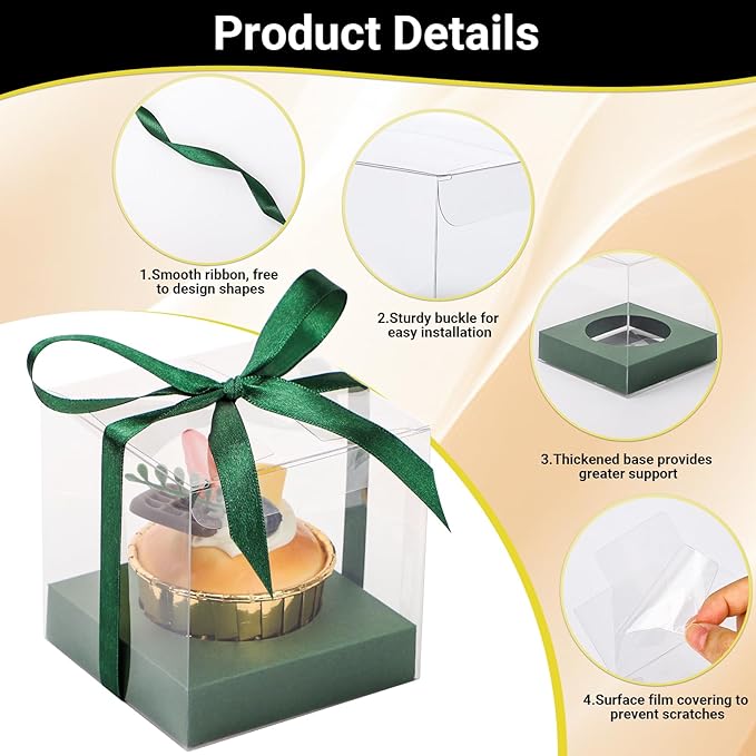 EUSOAR Disposable Green Cupcake Boxes, 12pcs 3.5 Inch Plastic Individual Cupcake Carrier Storage for Cake Dessert, Transparent Cupcake Holder Carrier with Ribbons for Wedding Party Bakery Favor
