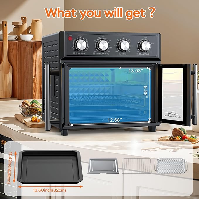 PlumChef 27.5 Quart Extra Large 6 Slices Air Fryer Convection Toaster Oven, French Door, 1700W, Multifunction Oven for Air Fryer, Toast, Grill, Defrost, Bake, Time and Temperature Controls, Black