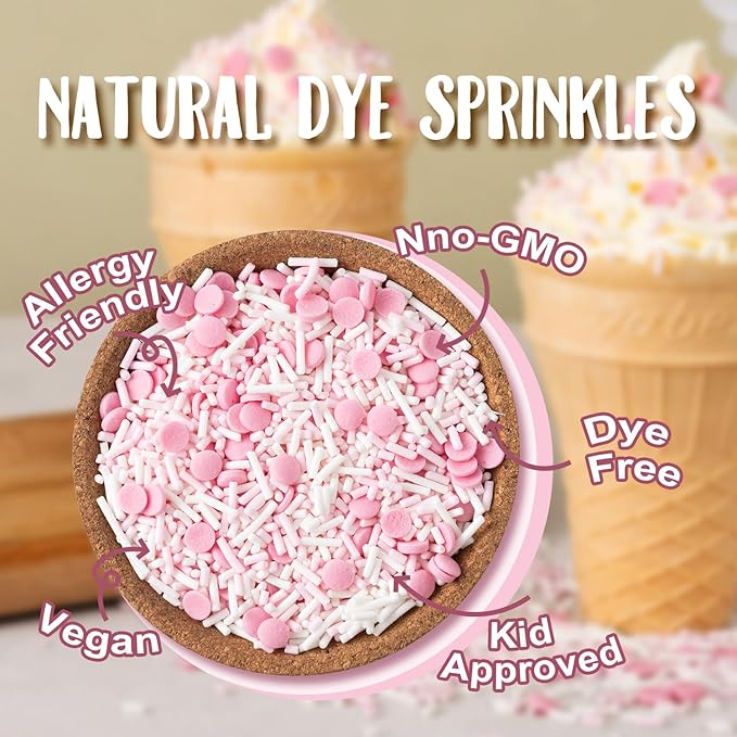 Dye Free Sprinkles No Artificial Dyes Natural Pink Confetti Jimmies Sprinkles for Cake Decorations Baby Shower, Cookies, Fondant Cake, Dessert Toppings, 4.2oz