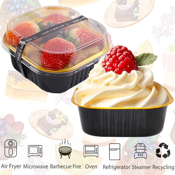 10oz Mini Cake Pans With Lids 50 Pack Aluminum Foil Square Brownie Baking Cups,Disposable Loaf Pans With Lids and Spoons Stickers,Large Cupcake Pans Muffin Tins Cake Container(Black)