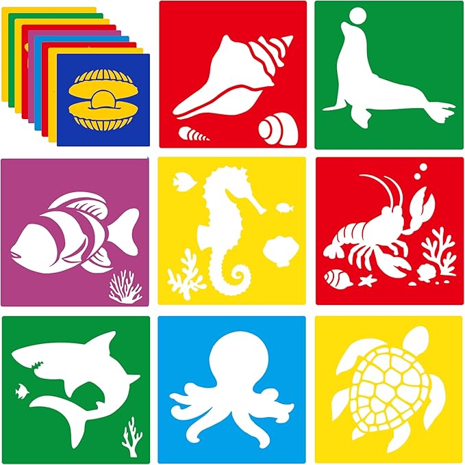 24 Pieces Stencils,Large Drawing Stencils Chalk Template,8 Inches Washable Shape Template Kit for Crafts,Painting Drawing(Ocean, 8 inch)