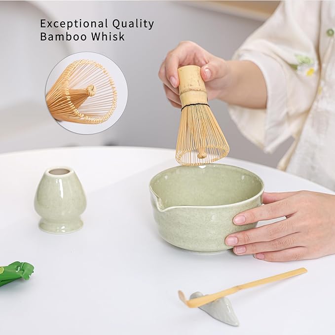 Matcha Set Match Bowl with Spout and Matcha Whisk Holder Whisk Tea Set Includes and Bamboo Scoop Ceramic 17 OZ - 4pc Perfect Matcha Kit for Matcha Tea Ceremony (Mottled Green)