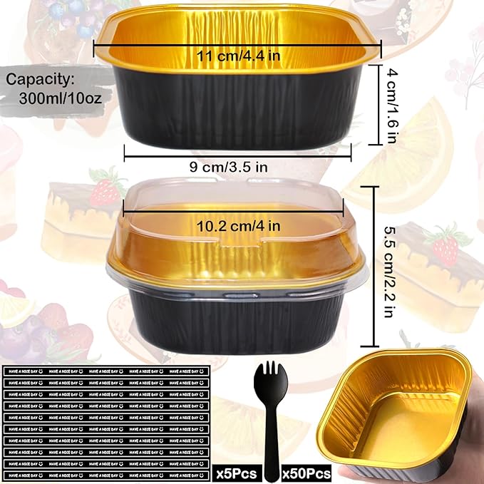 10oz Mini Cake Pans With Lids 50 Pack Aluminum Foil Square Brownie Baking Cups,Disposable Loaf Pans With Lids and Spoons Stickers,Large Cupcake Pans Muffin Tins Cake Container(Black)