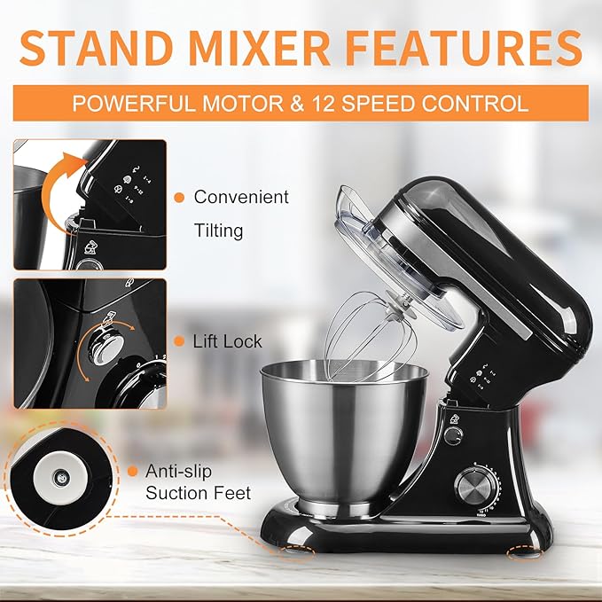 4.8QT Stand Mixer, 12-Speed Electric Kitchen Mixer with Tilt-Head, Stainless Steel Bowl, Egg Whisk, Dough Hook & Beater – Lightweight, Compact for Small Kitchens (Black)
