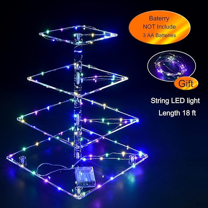 Cupcake Stand, 4-Tier Square Cupcake Holder with LED light String, Acrylic Cupcake Tower Display-Dessert Tower-Pastry Stand-Cupcake Tier Stand for Wedding, Birthday party ( Colorful Light)