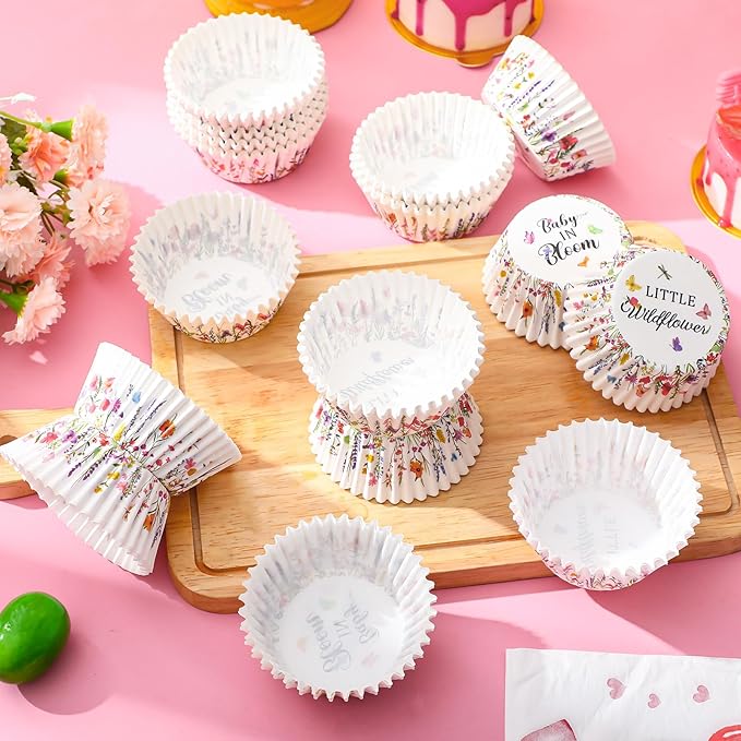 Vesici 300 Counts Wildflower Mini Cupcake Liners Disposable Cupcake Cups Wildflower Paper Baking Cups Wrappers for Ice Cream Snack Birthday Baking Baby Shower Celebration Tea Party Supplies